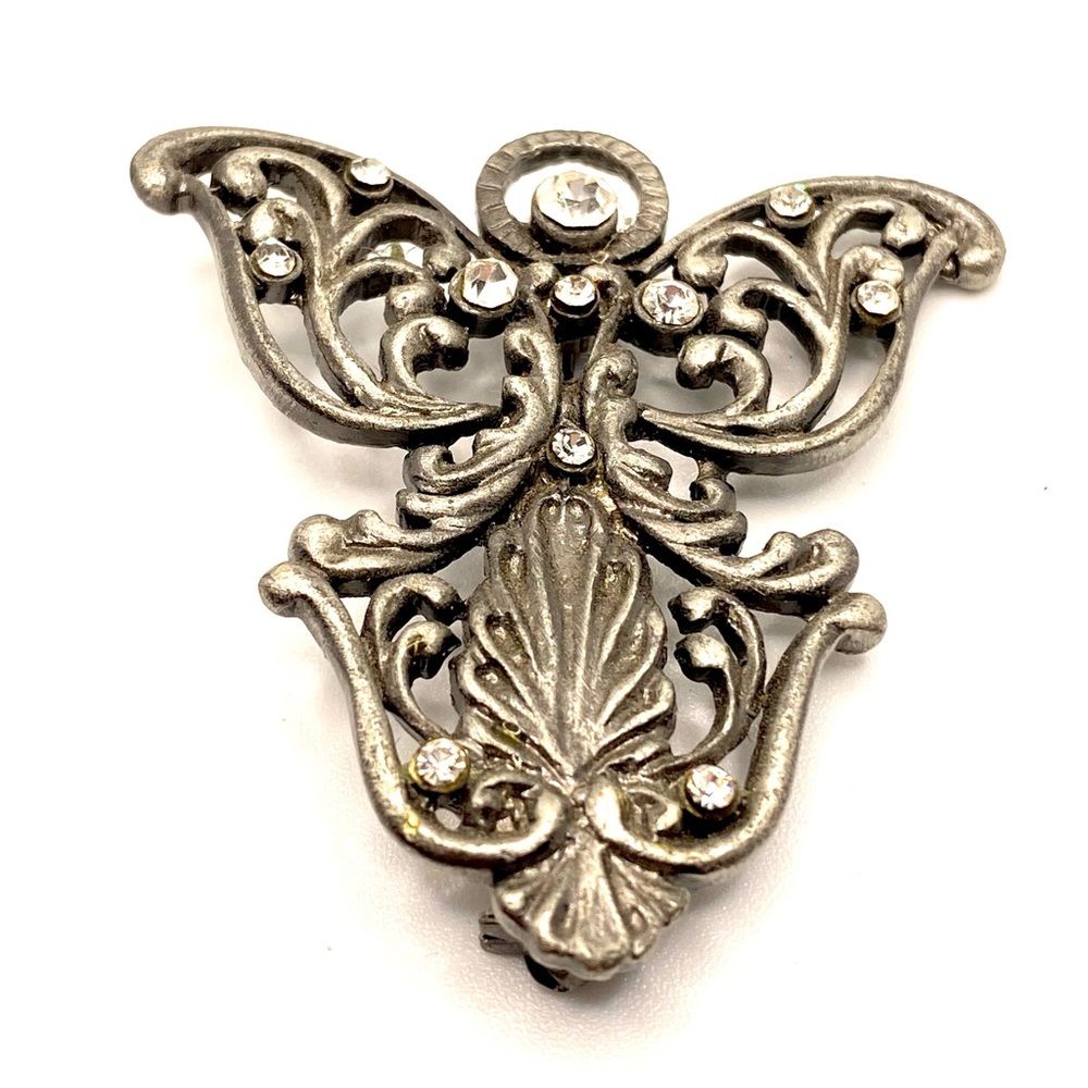 Vintage Silver Tone Angel and Rhinestone Brooch Pin Pendant 💫 D010